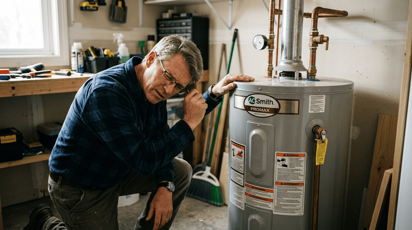 Homeowner Checking a Noisy Water Heater Homeowner listening closely to a residential tank water heater to check an unusual noise