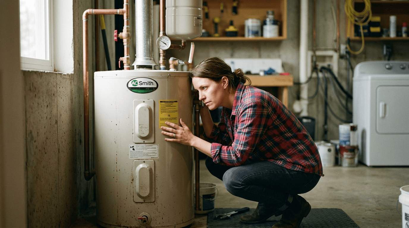 Diagnosing a Noisy Water Heater Homeowner listening to a tank water heater making noise in a home utility room