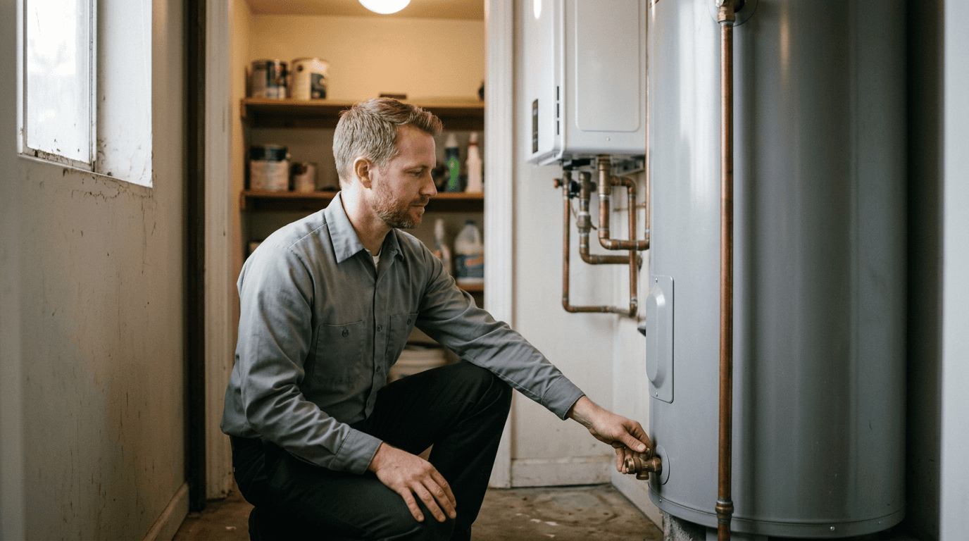 Water heater repair versus upgrade options Plumber kneeling to service a storage water heater beside a wall-mounted tankless unit